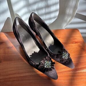 Talbots Brown Suede Kitten Heel Pumps Jeweled Brooch Embellished Sz 9.5 AA